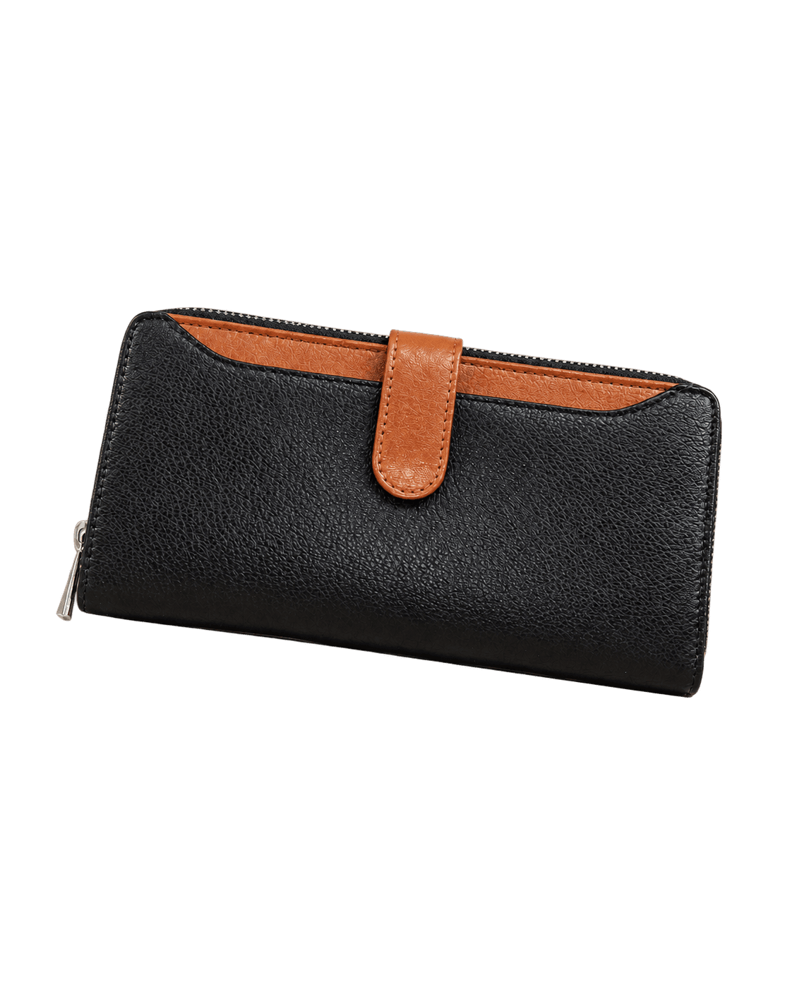 A black leather zip-around wallet with a tan tab, made by IND Leather Co.